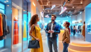 a group of people standing in a mall