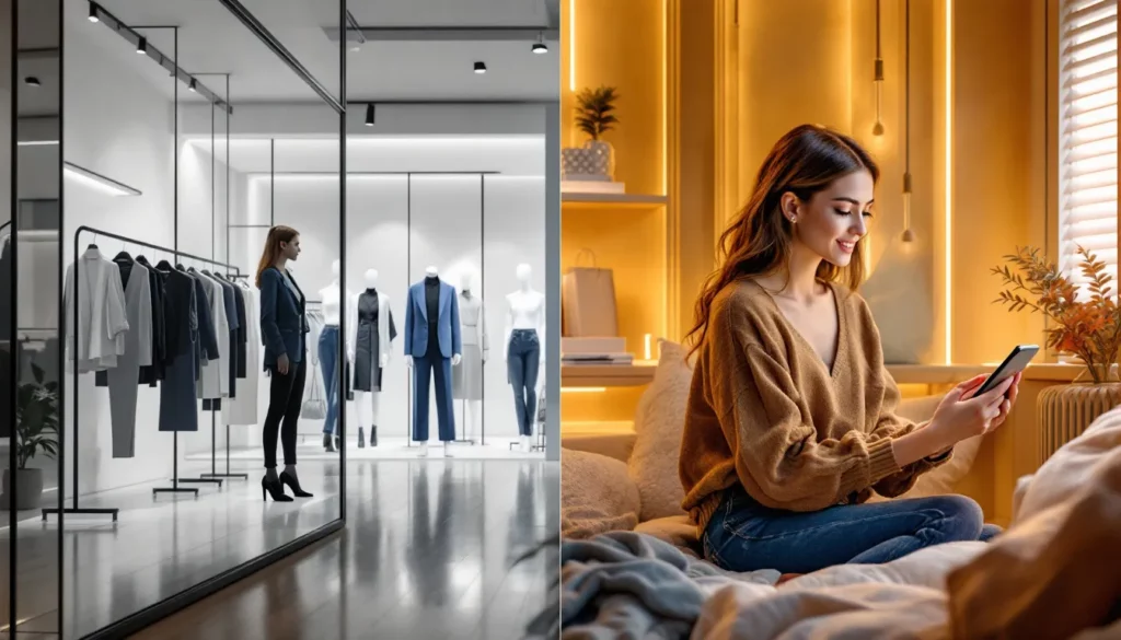 a woman sitting on a bed and a mirror with mannequins